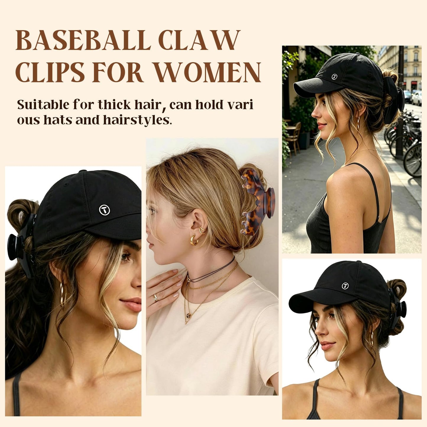 3 Pcs Large Trucker Hair Claw Clip for Hat, Baseball Claw Clips for Women, Acetate Tortoise Shell Non-Slip Strong Hold Hat Hair Clips, Claw Clips for Thick Hair Hat Hairstyles, Gifts Hair Accessories