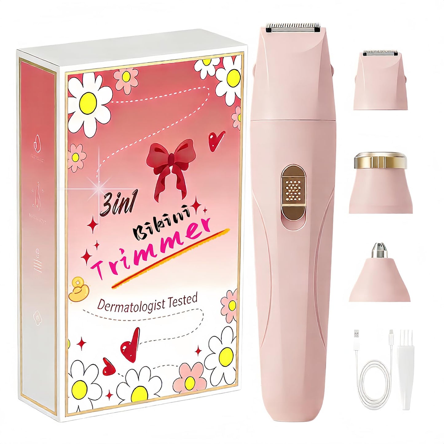 Gadhevia Eyebrow Trimmer Facial Hair Removal for Women - 3 in 1 Painless Eyebrow Shaver - Body Razor for Legs, Armpits, Face, Eyebrows, Bikini, USB Rechargeable, Easy to Clean, Pink
