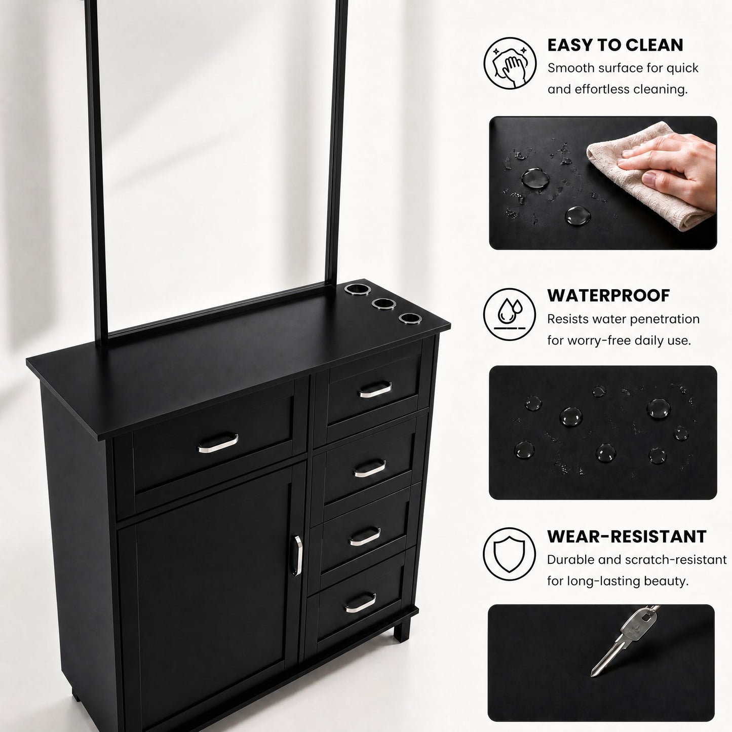 THINK 30 Salon Station, Barber Station, with Wall-Mount or Cabinet-Mount Mirror, Drawers, for Hair Salon, Barber Shop, Beauty Spa, Black