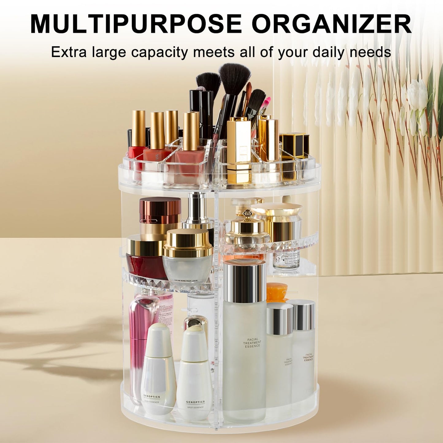 AMEITECH Makeup Organizer, 360 Degree Rotating Adjustable Cosmetic Storage Display Case with 8 Layers Large Capacity, Fits cosmetics, Makeup Brushes, Lipsticks and More, Clear