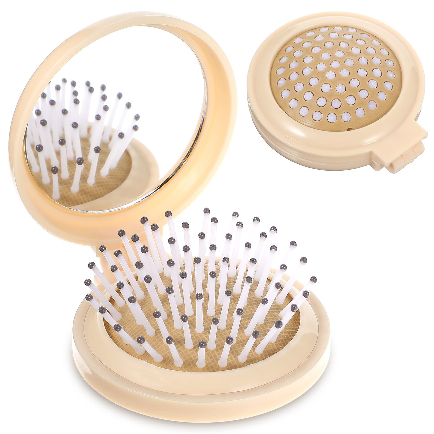 Mini Brush with Mirror Hair Brush with Mirror Travel Hair Brush with Small Mirror Mini Hair Brush and Mirror Combo Round Mini Compact Massage Comb for Purse (Beige)