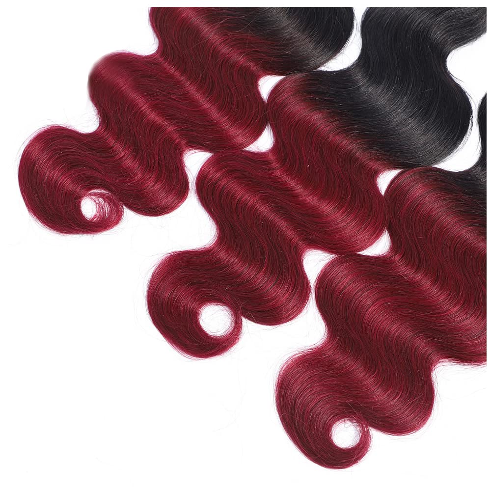 Ombre Human Hair Bundles 1B99J Burgundy Body Wave 3 Bundle 26 28 30 Inch Double Weft 2 Tone Black and Burgundy Bundles Peruvian 8A Virgin Remy Hair Extensions 330g