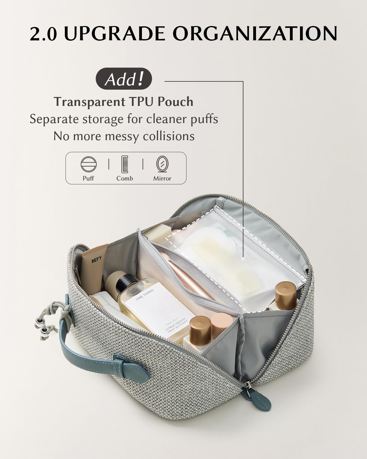 EACHY Travel Makeup Bag, Woven Travel Toiletry Bag, Portable 180° Wide-Open Flat Cosmetic Bags for Women, Large Capacity Makeup Pouch with Divider and Handle