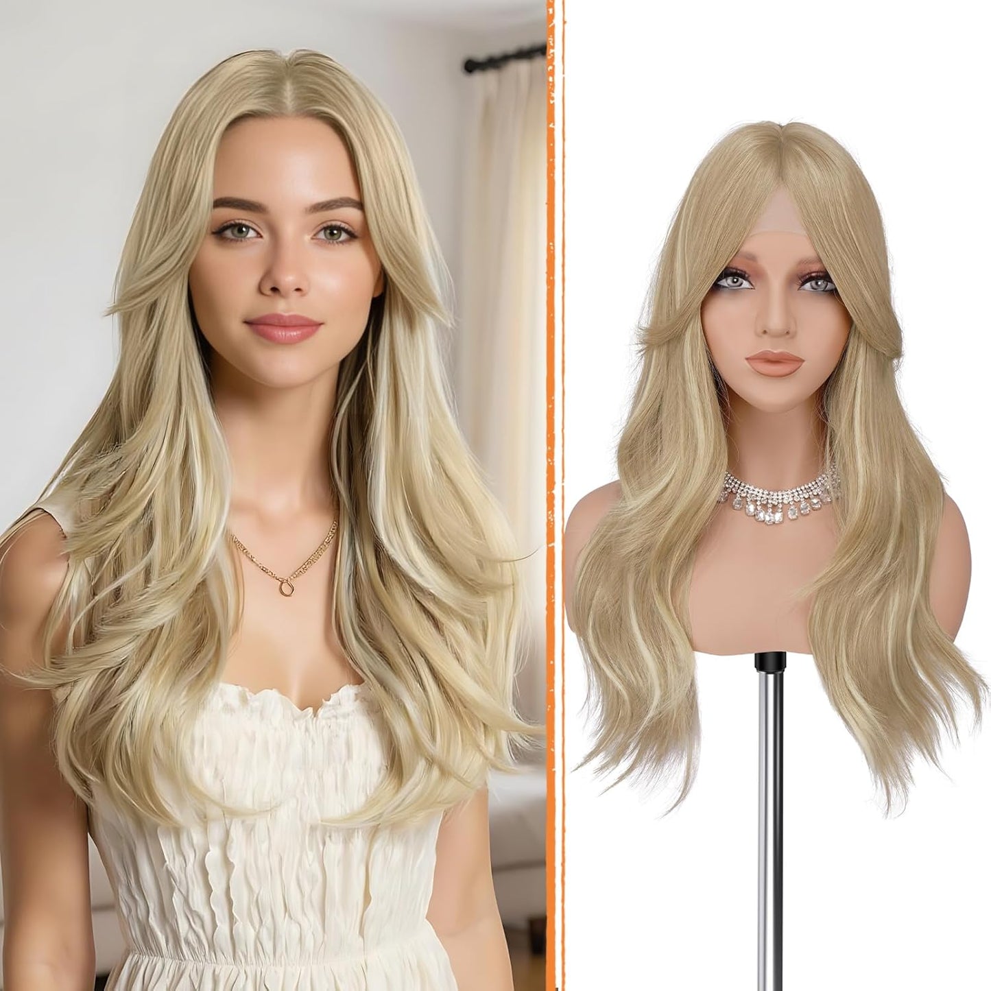Blonde Wig with Curtain Bangs - Lace Front Long Layered Synthetic Hair for Women | 24 Inch Natural Look