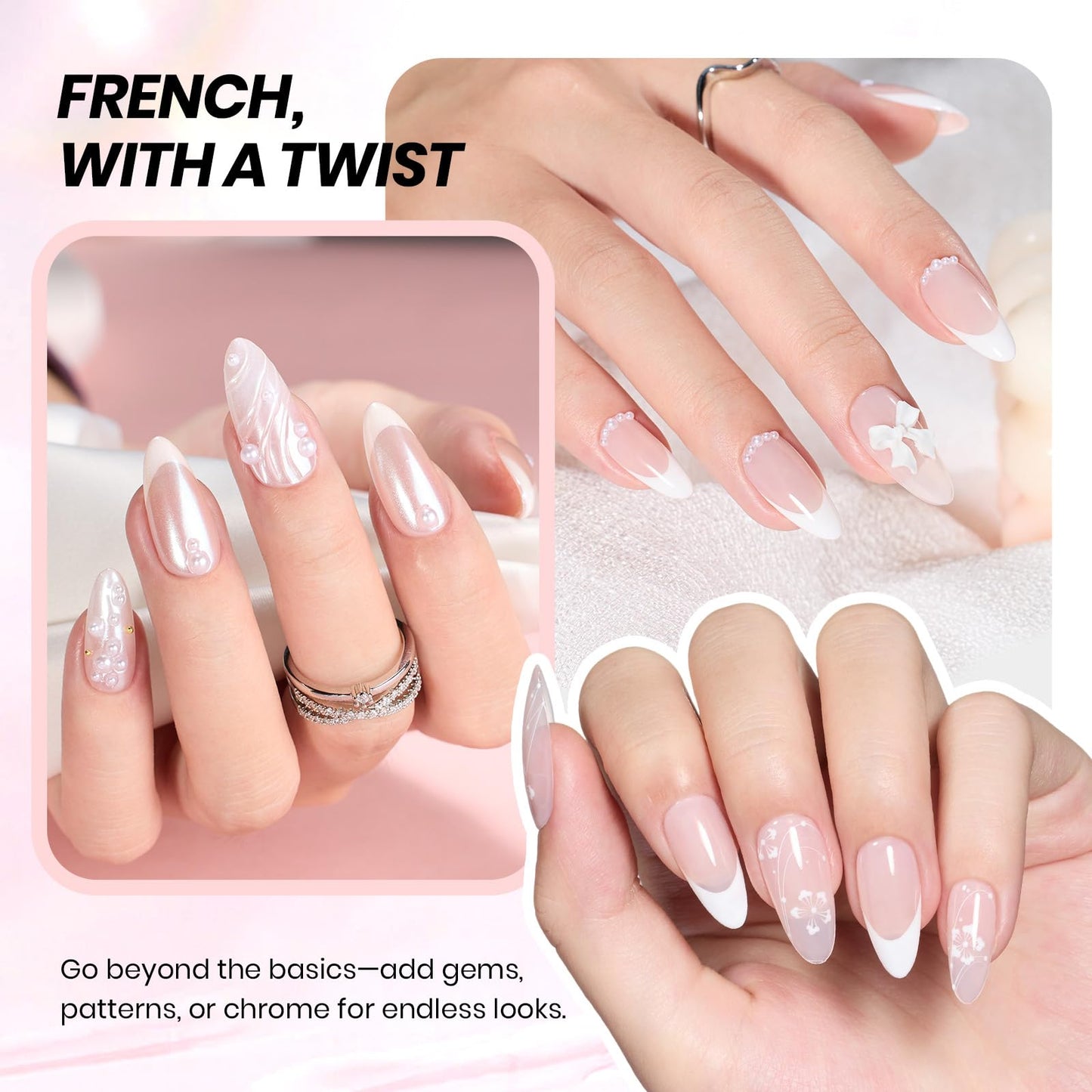 Beetles French Tip Gel Polish Set - White Nude Pink French Manicure Kit with 2 Nail Art Sticker, Soak Off UV LED for DIY Home & Salon Gift for Women