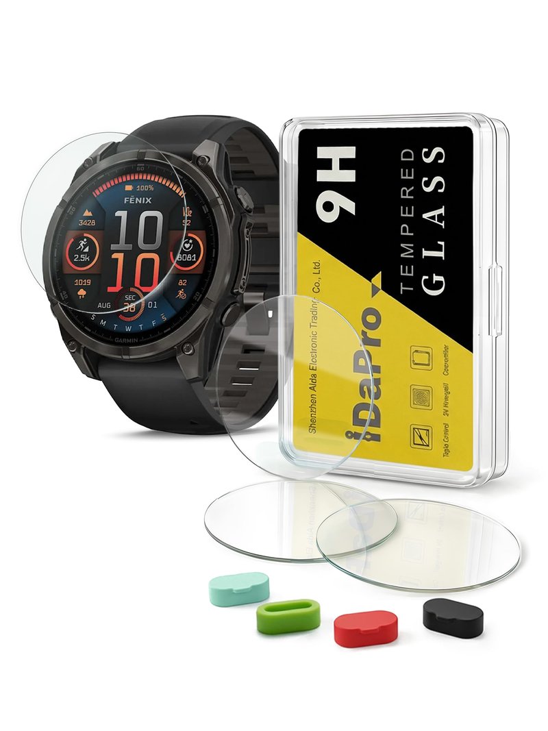 iDaPro [4+4 Pack Screen Protector for Garmin Fenix 8 AMOLED 47mm / Fenix 8 Solar 47mm with Silicone Anti-dust Plugs, 9H Tempered Glass Protection Kit in Reusable Storage Case,Anti-Scratch,Bubble-Free