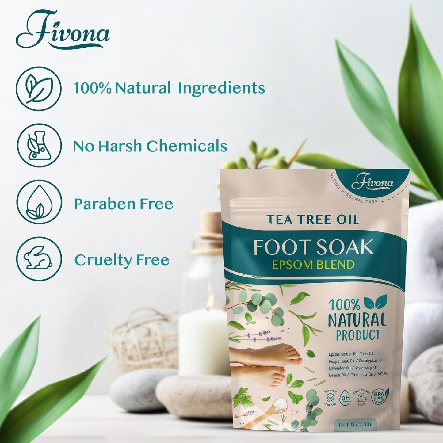 Tea Tree Foot Soak Blend - Epsom Salt with Essential Oils for Healthy Toenails | 14.1 oz, Soothing Relief & Callus Softening