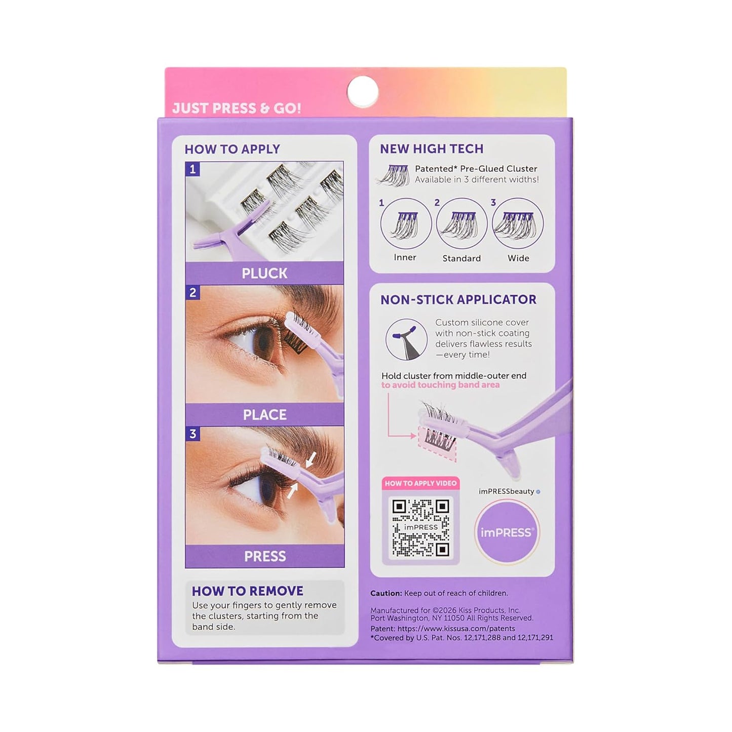 Kiss Impress Falsies Self-Adhesive Eyelashes - Glam Volume Lashes, 12mm-14mm, Black, No Glue Needed, 36 Clusters