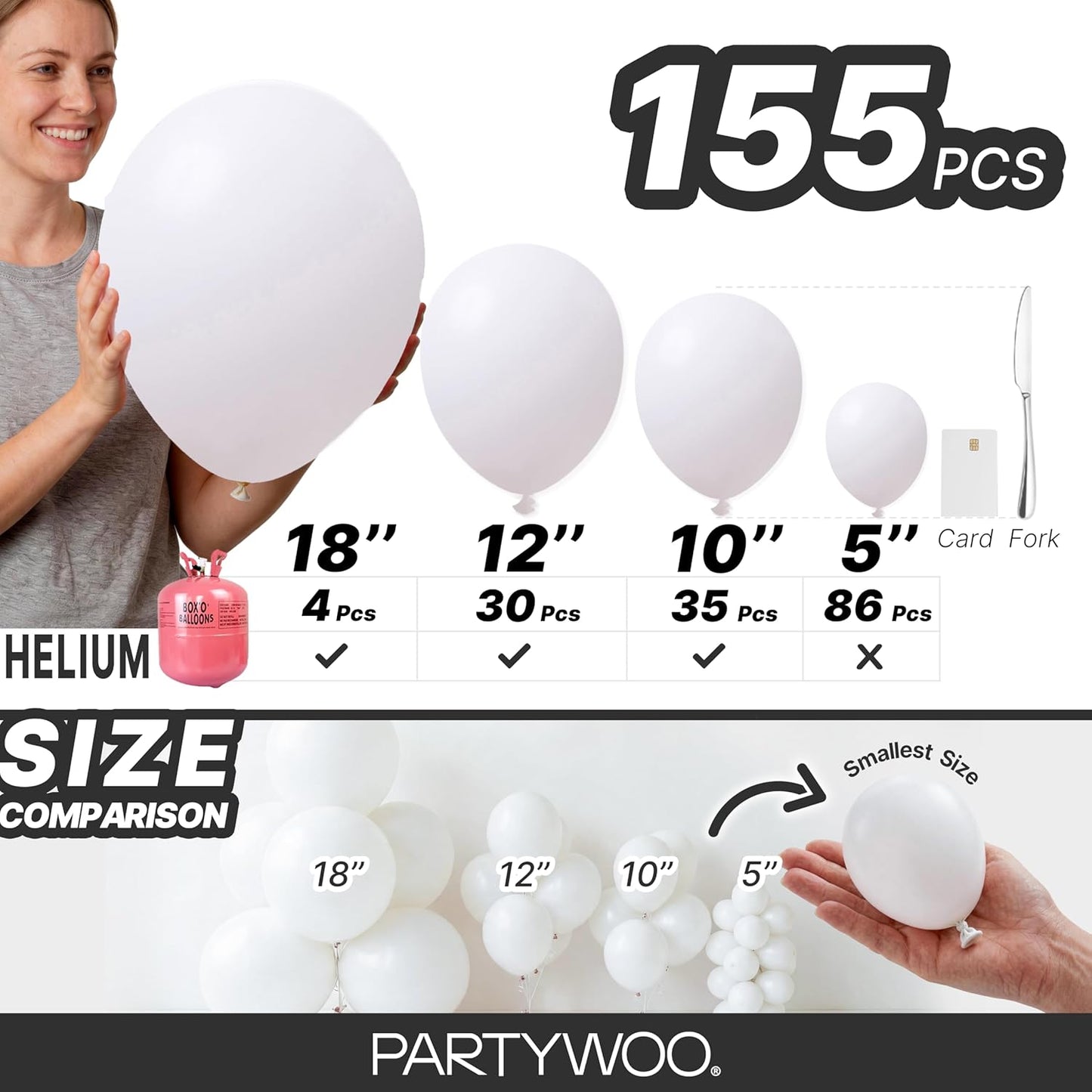 White Latex Balloons - 155pcs Matte White Balloon Arch Kit | 18", 12", 10", 5" for Weddings & Parties