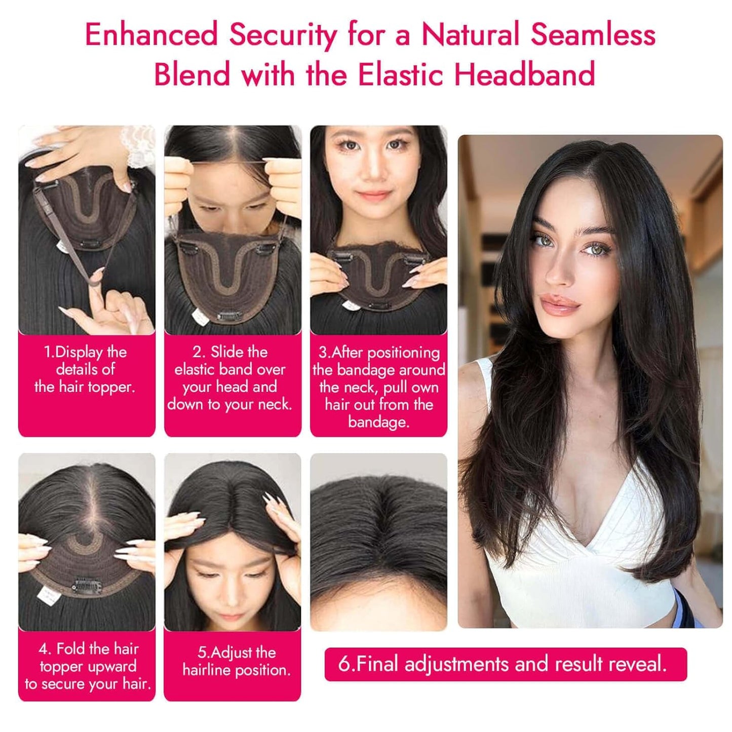 Black Synthetic Hair Toppers for Women - 5x6 Inch Large Base, Clip-In Wispy Bangs, 24 Inch Long Layered