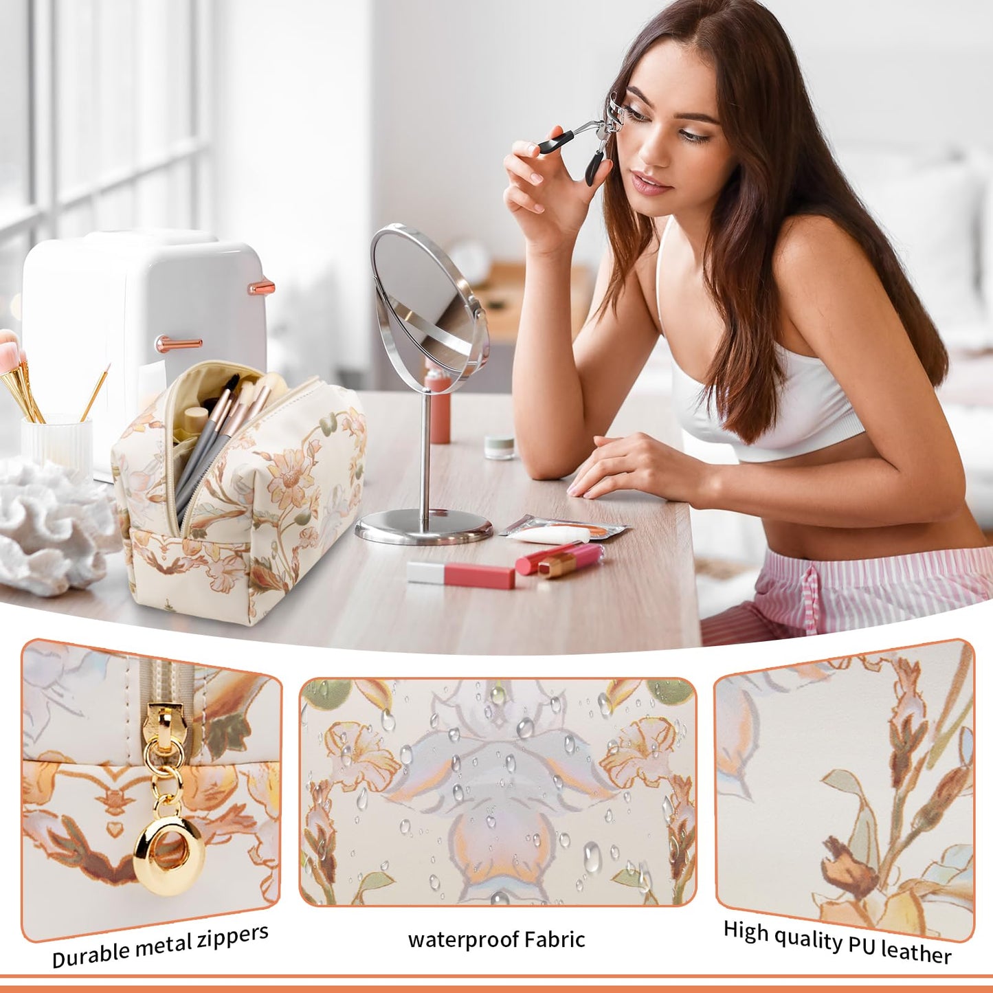 Gosect Floral Waterproof Makeup Bag, Leather Cosmetic Bag with Compartments, Zipper Make up Pouch Organizer, Portable Storage Travel Toiletry Bag Gifts for Women Girls(Pink Flower)
