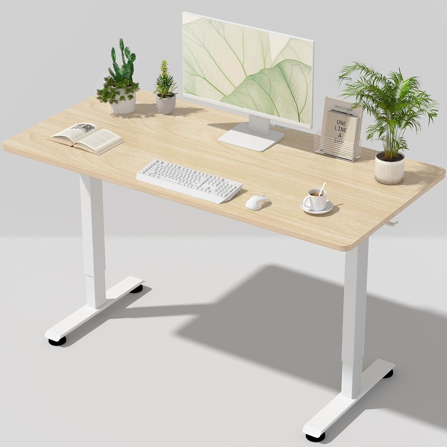 Veken Electric Standing Desk - 55 Inch Height Adjustable Home Office Table | White Wooden Desktop for Work & Study