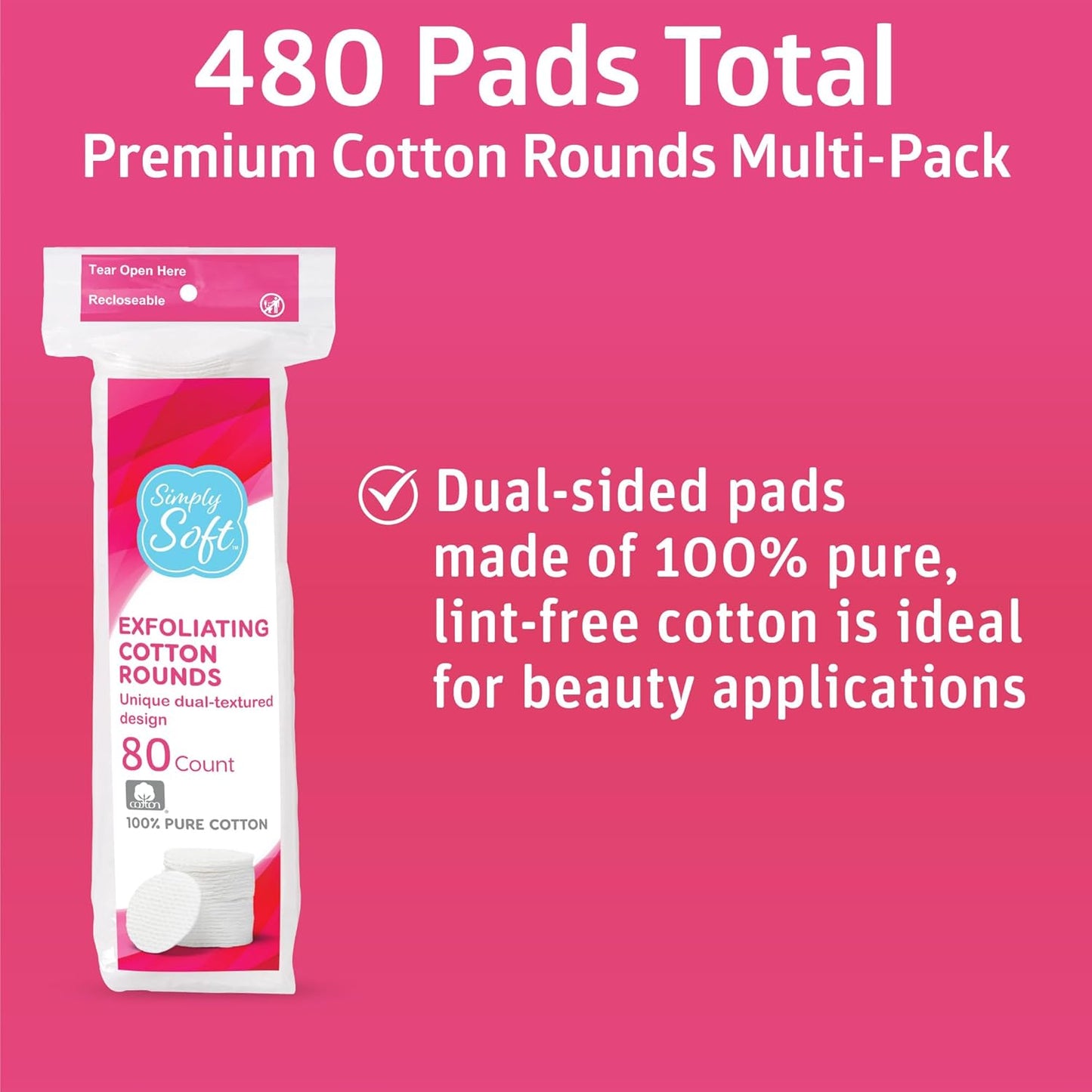Hypoallergenic Exfoliating Cotton Rounds - Dual Textured Pads | 80 Count (Pack of 6)