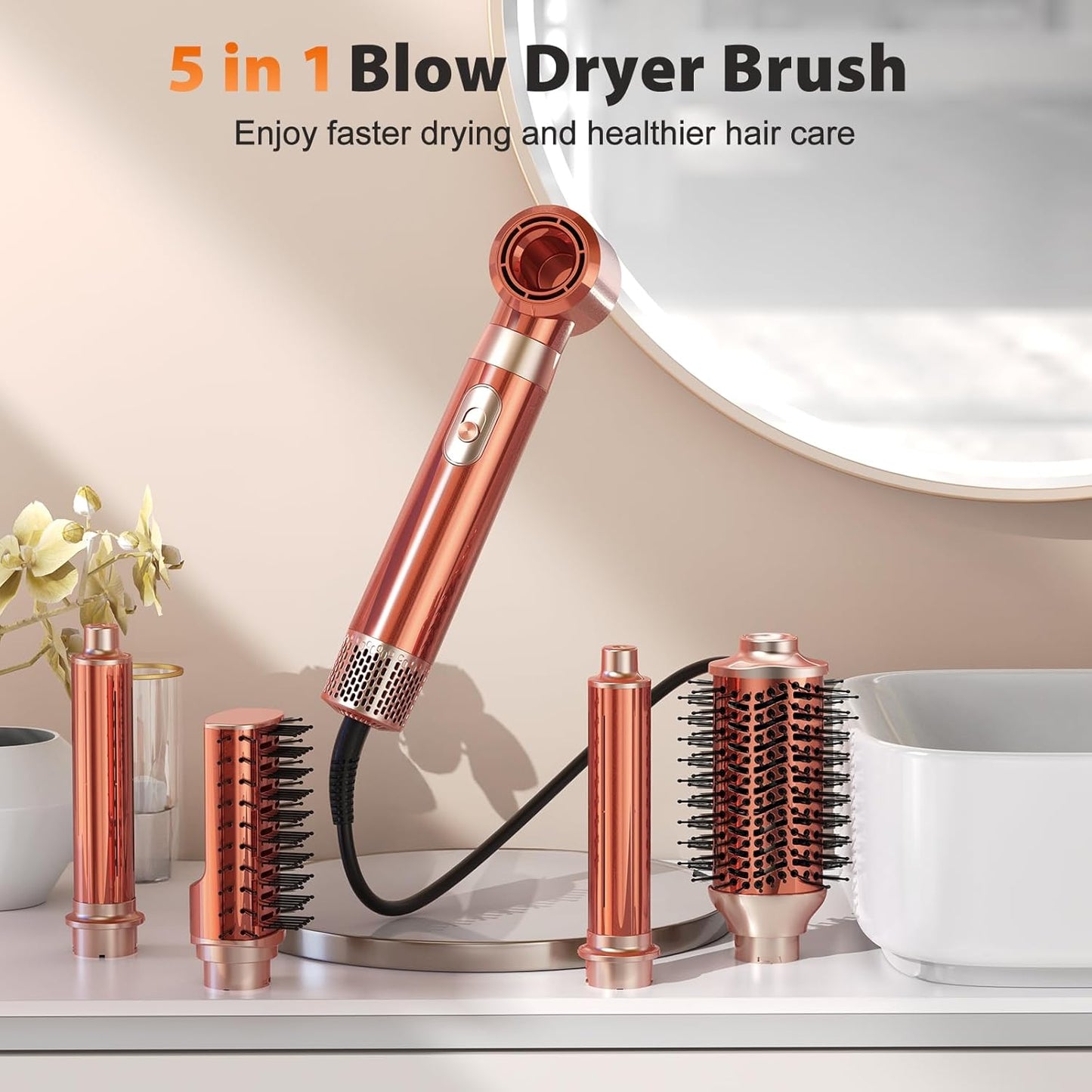5 in 1 Blow Dryer Brush Set - Upgrade Your Hair Styling with High-Speed Hot Air Brush, Curling & Paddle Features | Travel-Friendly Amber