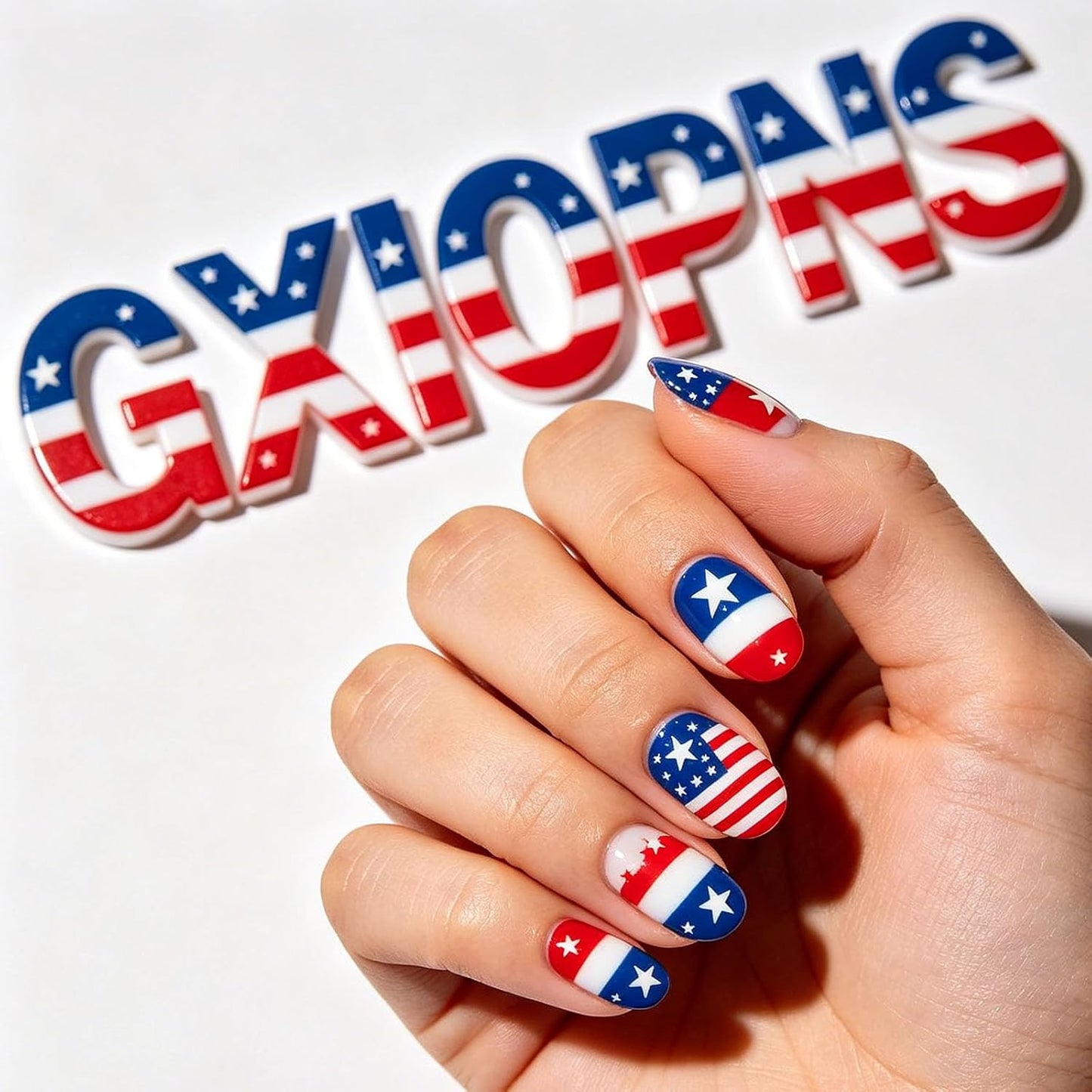 Press On Nails - Short Square Red, White & Blue Acrylic Nails with Glitter Stars | 4th of July Designs, 24 Pcs