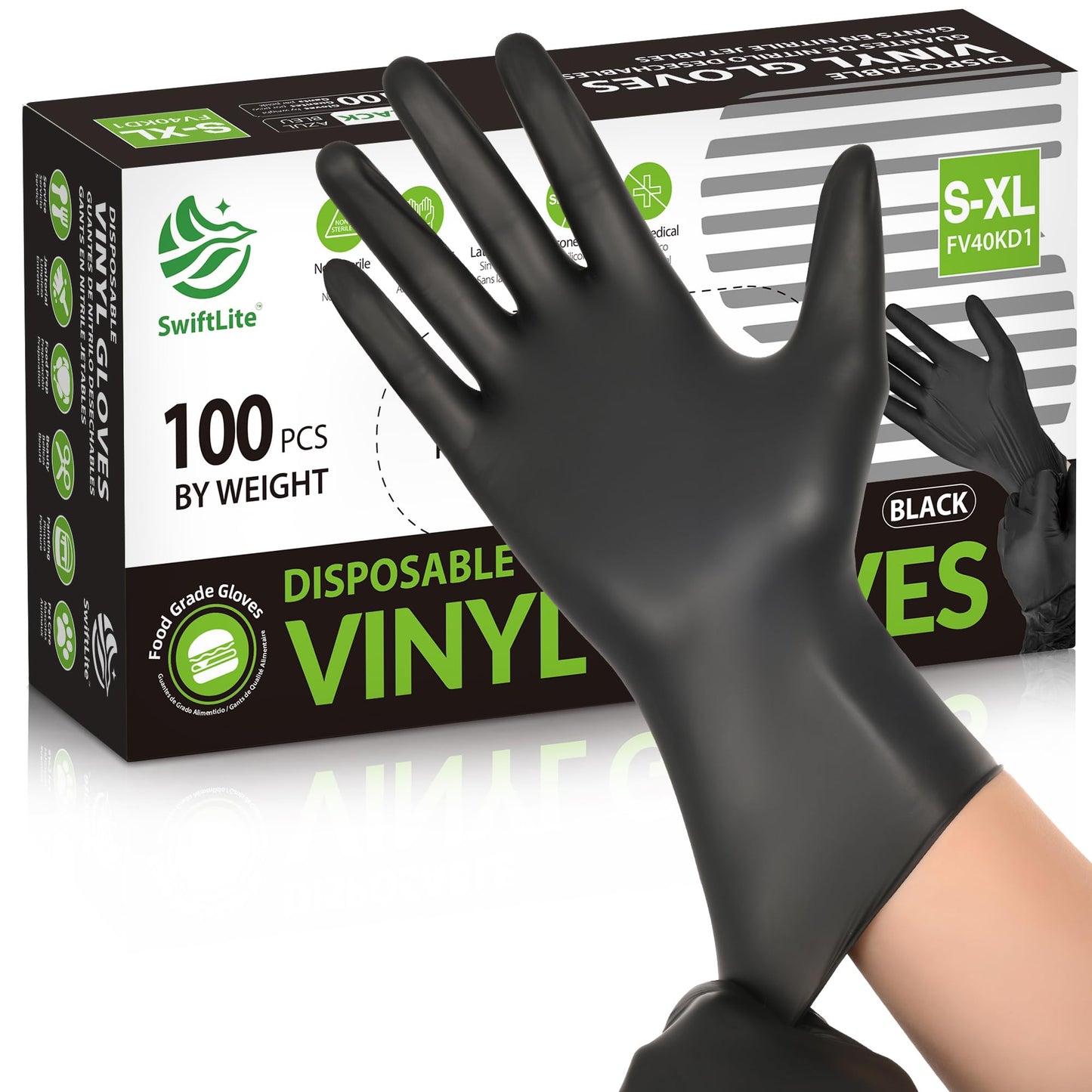 SWIFTLITE Black Vinyl Gloves, Food Grade Gloves Disposable Latex Free & Powder Free, Guantes for Cleaning Cooking Food Prep (100, Large)