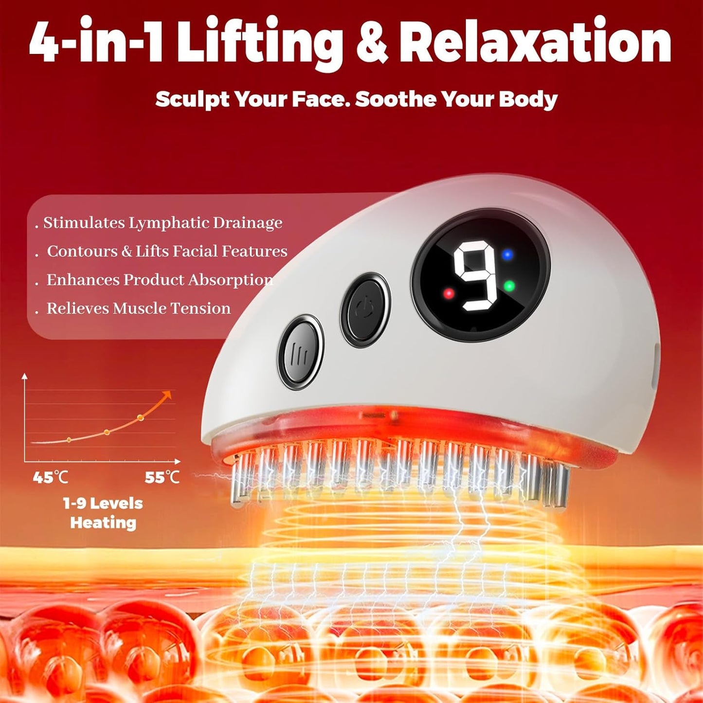 Electric Lymphatic Contour Face Brush - 9 Heating Levels, Massage & Vibration Tool for Double Chin & Jawline Sculpting
