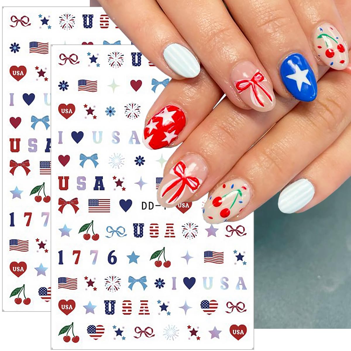 6Sheets 4th of July Nail Stickers 3D Self-Adhesive Independence Day Patriotic Nail Decals Red White Blue Star Heart USA Flag Nail Art Stickers for Women Fourth of July Nail Art Design Party Decoration
