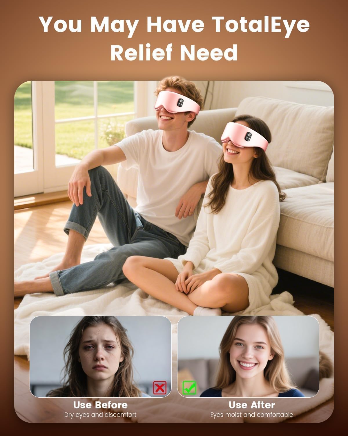 Heated Eye Mask - Cordless Eye Mask for Dry Eyes & Sleep Relief | 4 Temperature Settings, Washable - Pink