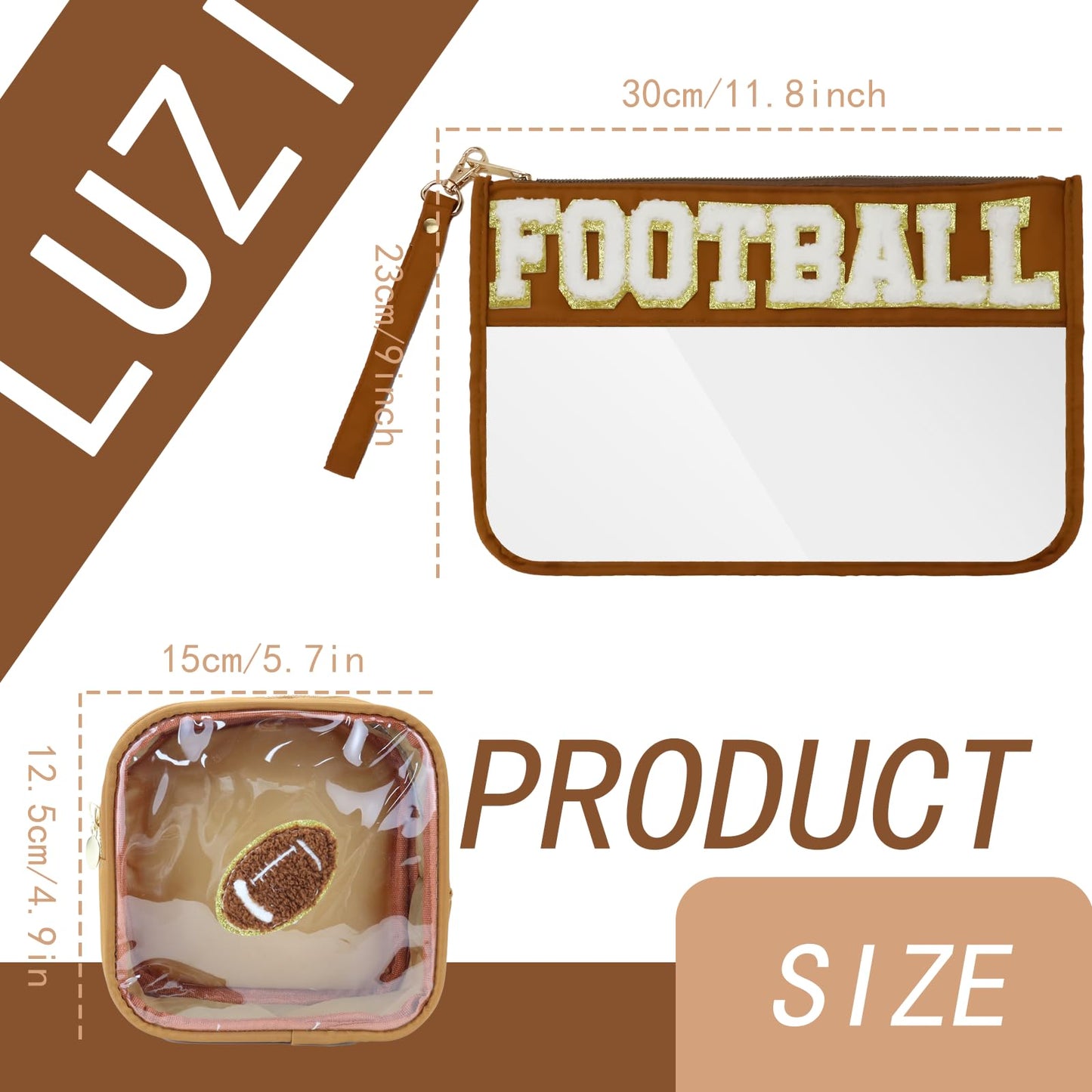 SUILU 2 Pcs Football Gifts Makeup Bag with Chenille Letter Patch,with Handles PVC Waterproof Clear Makeup Bag,Portable Toiletry Storage Bag,Players & Fans Birthday, Team or Sports Lover Presents