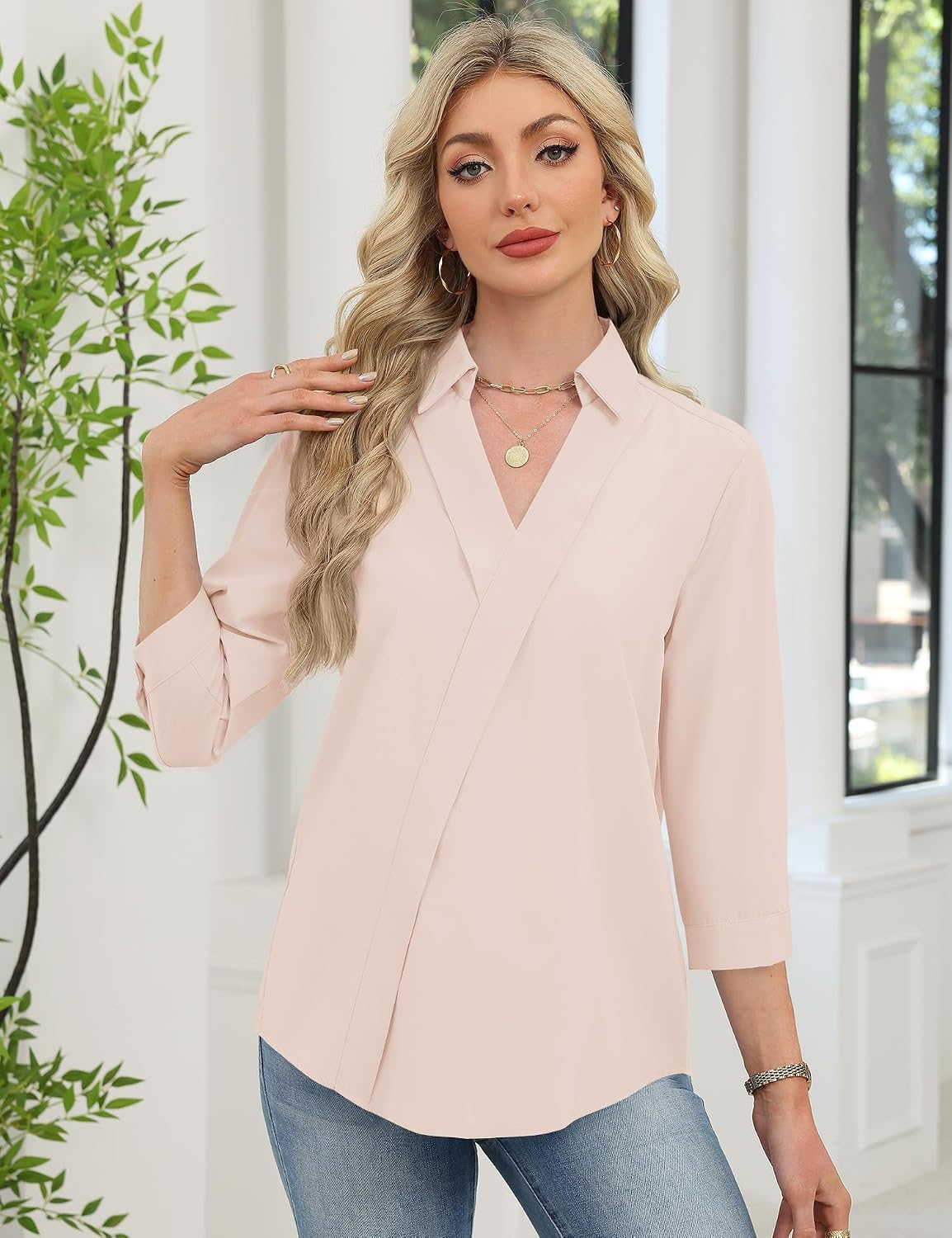 3/4 Length Sleeve Women's Dressy V-Neck Collared Tops - Trendy Business Casual Blouses for Work & Vacation