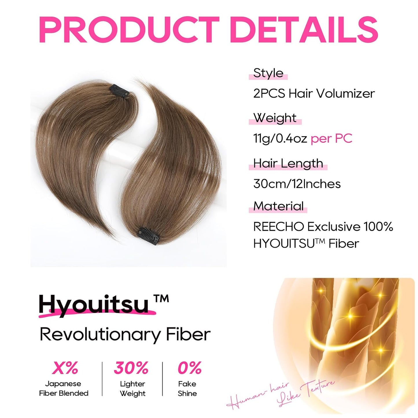 Clip In Hair Volumizer - 12 Inch Thick Hairpieces for Extra Volume | Ginger Brown 2PCS