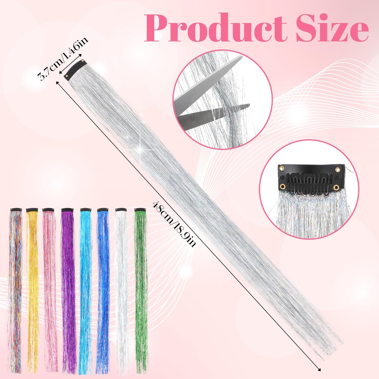 Nogeqi 8 Pcs Colored Hair Tinsel Clip Hair Extensions Glitter Fairy Hairs Tinsel Clips for Party Birthday Festival Gifts, 18.9 Inch