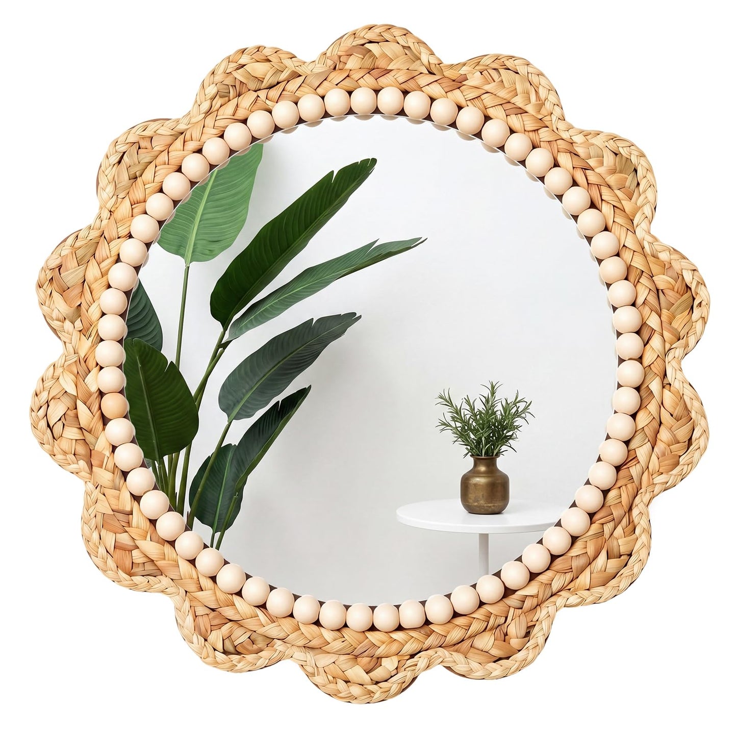Glooglitter 15 Inch Boho Scalloped Wall Mounted Mirror Decorative Circle Wavy Rattan Hanging Mirror Farmhouse Wicker Wall Decor for Farmhouse, Bathroom, Living Room, Bedroom, Nursery, Entryway Decor
