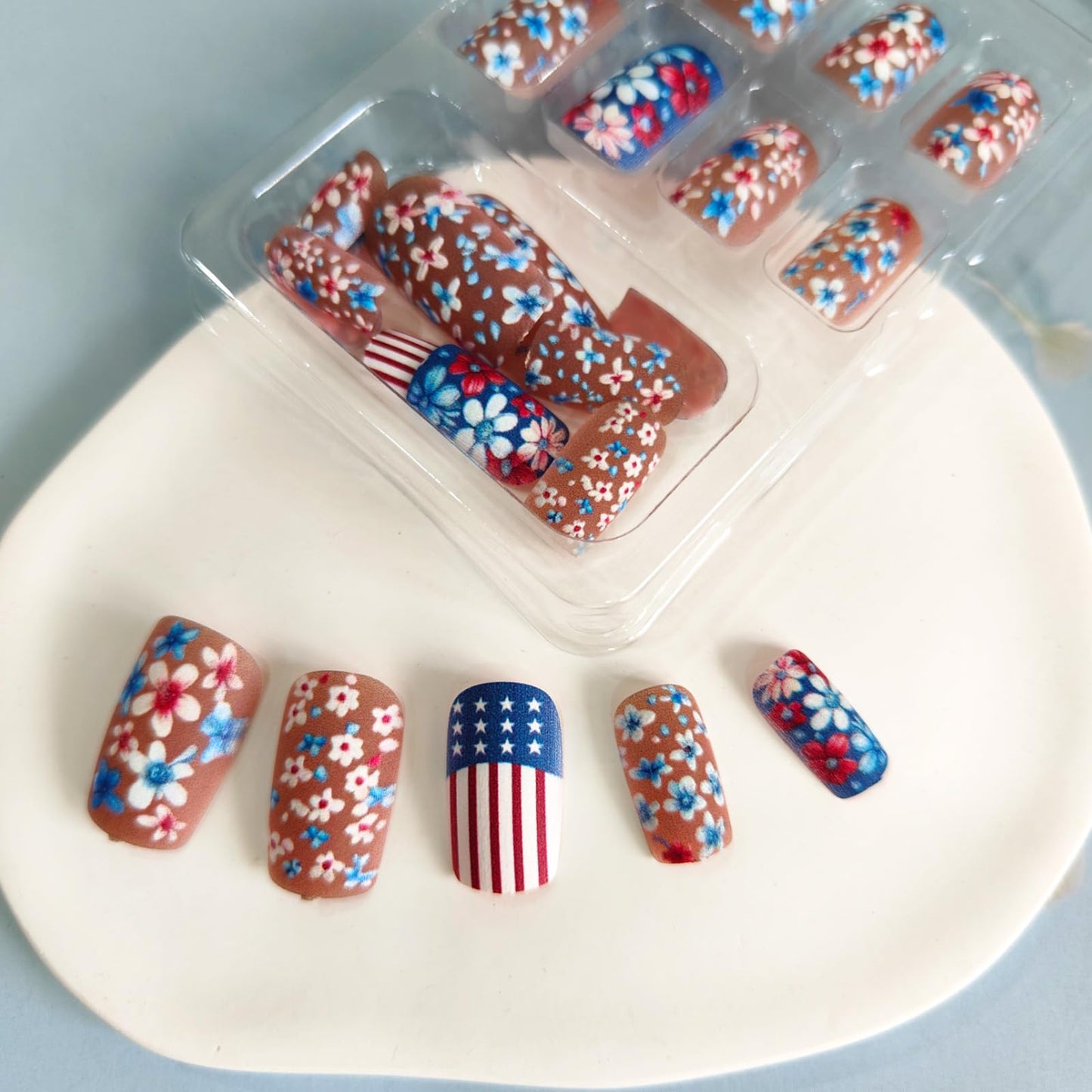 4th of July Press on Nails Medium Square Fake Nails Red Blue Flowers Design Matte Glue on Nails American Flag False Nails Independence Day Stick on Nails for Women Girls 24Pcs