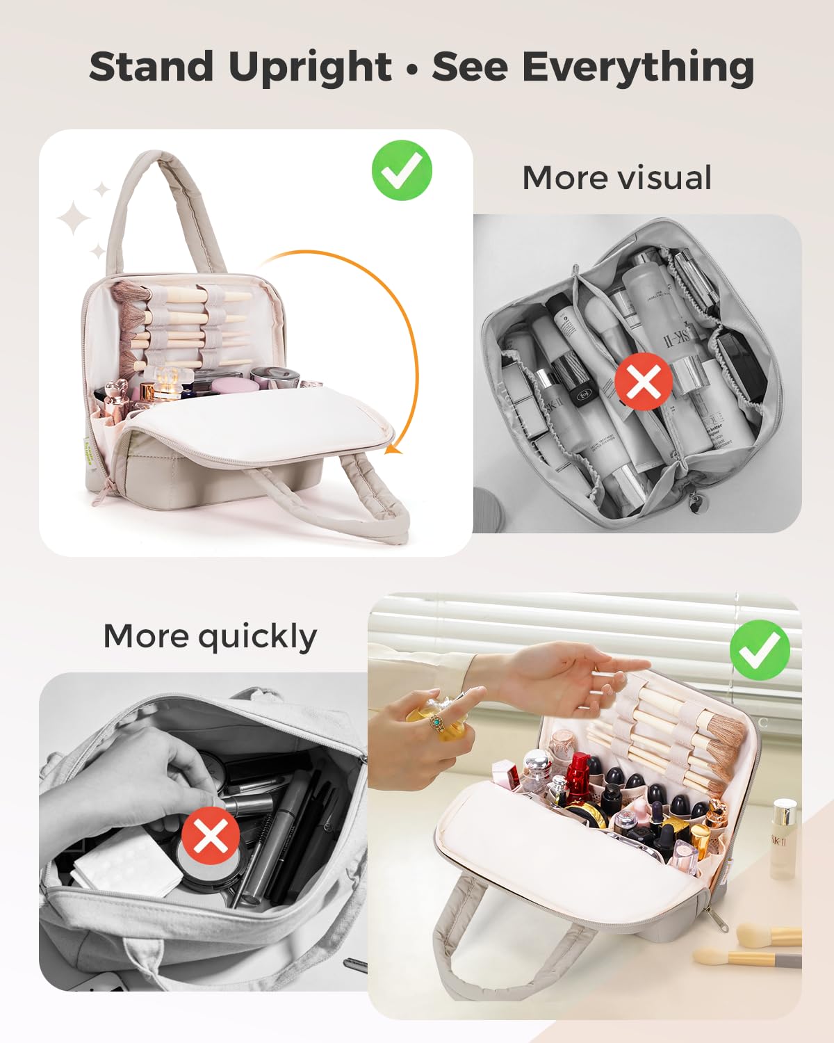 Wandering Nature Standing Makeup Bag for Travel, Portable Fold-down Cosmetic Organizer, Puffer Open Make Up Pouch with Handle & Divider & Brush Holder, Easy Clean Toiletry Bag with EVA Lining