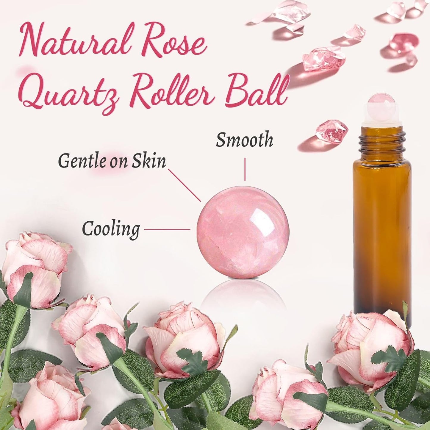 Rose Quartz Roller Bottles - 8 Pack 10ml Refillable Amber Glass Roll-On Bottles | Leak-Proof Travel Perfume with Crystal Roller Balls