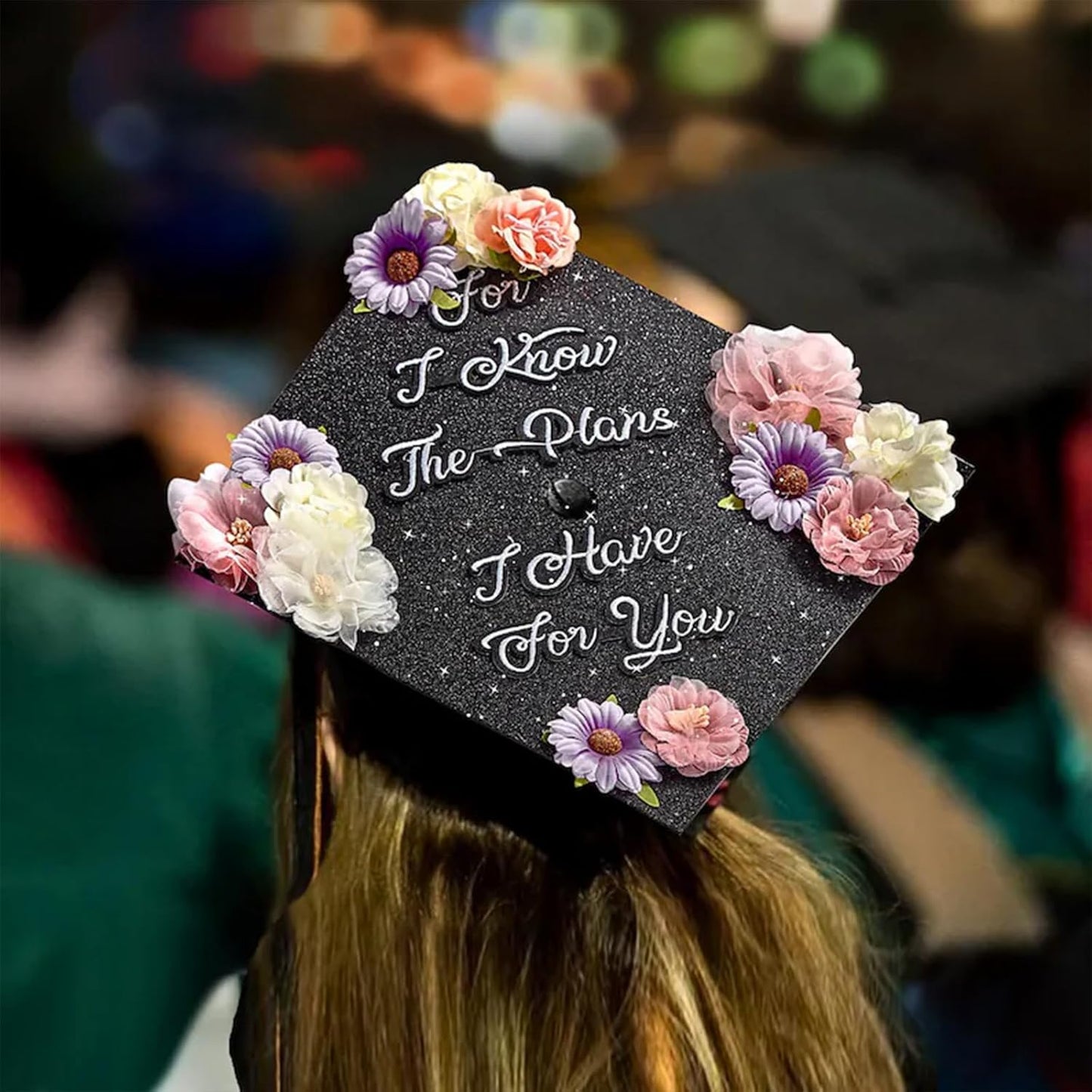 Graduation Cap Decorations Kit - 12 Pcs Glitter Cardstock & 4 Pcs Gemstone Stickers | DIY Grad Cap Toppers