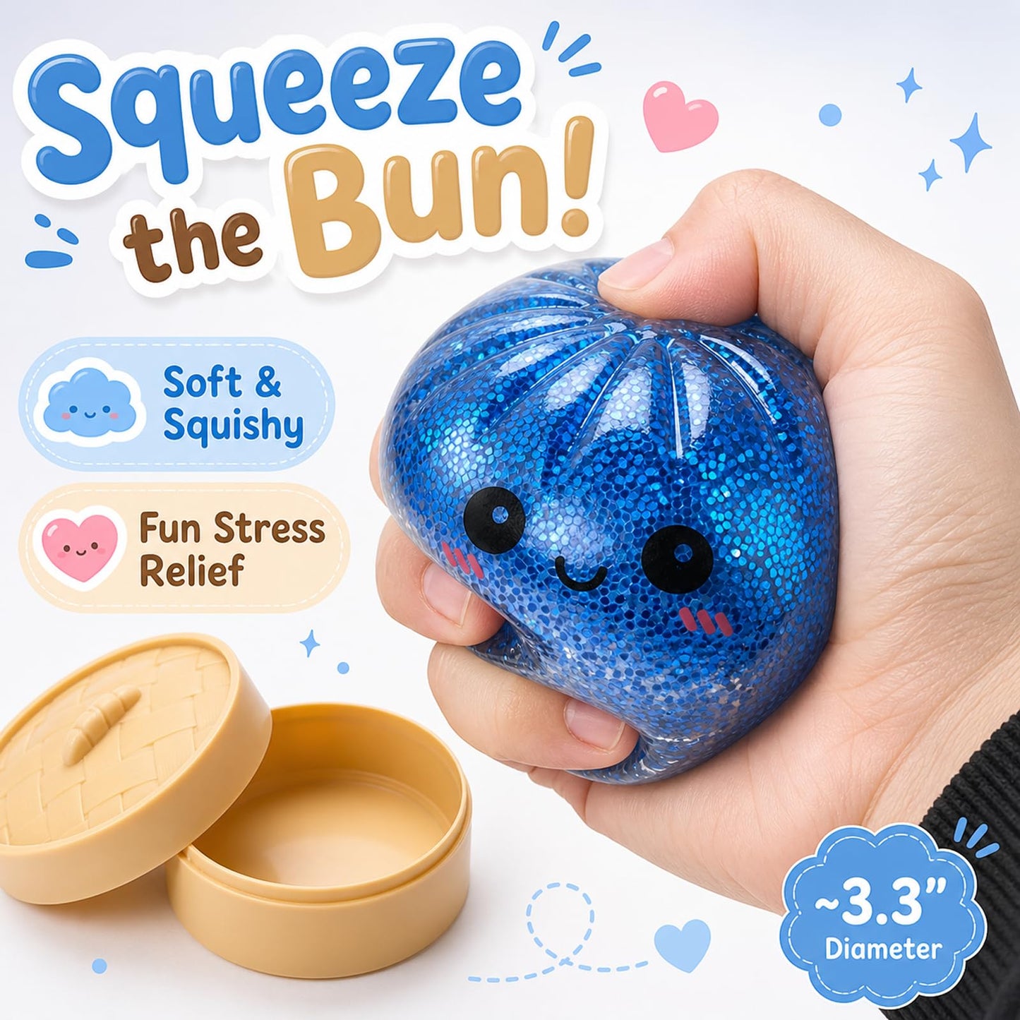 Crossunx Glitter Blue Dumpling Squishies Stress Balls, Colorful Squishies Dumpling Fidget Sensory Toy with Food Steamer, Squeeze Dough Ball for Stress Relief, Stretchy Desk Toys Gift