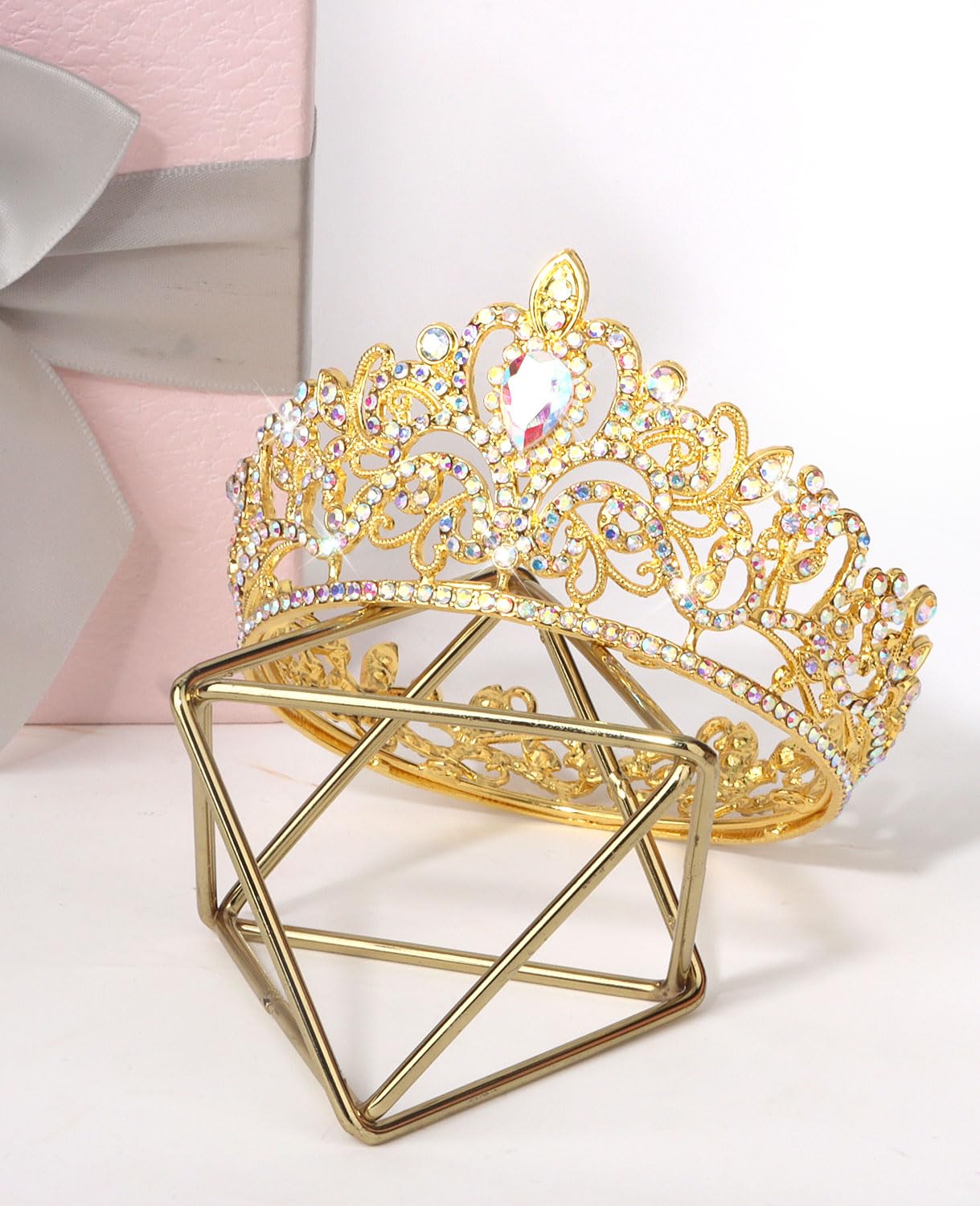 Wecoe Small AB Gold Tiara for Flower Bouquets, Mini Crown, Birthday & Wedding Accessories