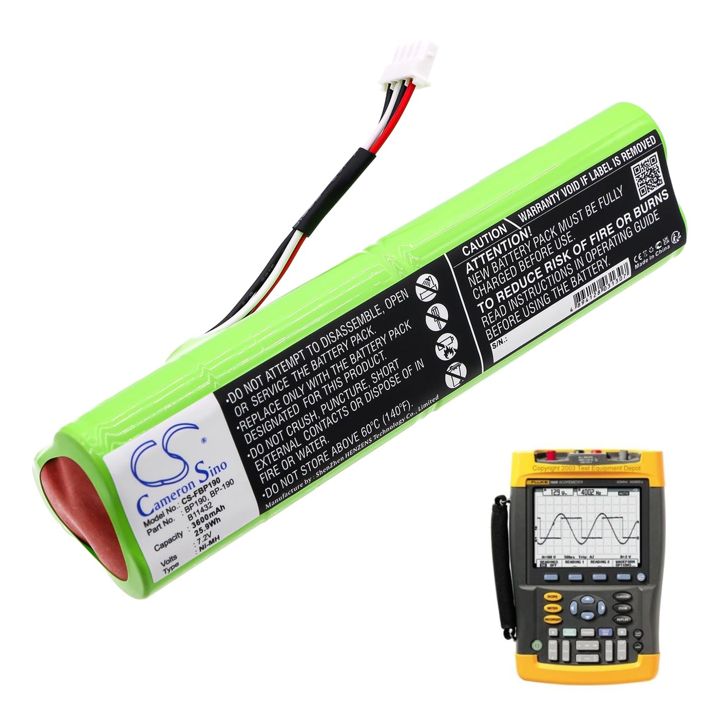 Cameron Sino 3600mAh Replacement Battery for Fluke BP190, B11432 and 677390, 190M Medical OscilloscopeScope, Analyzers 433, Analyzers 434, Analyzers 435, 192, 192B, 196, 196B, 196C, 199, 199B, 199C
