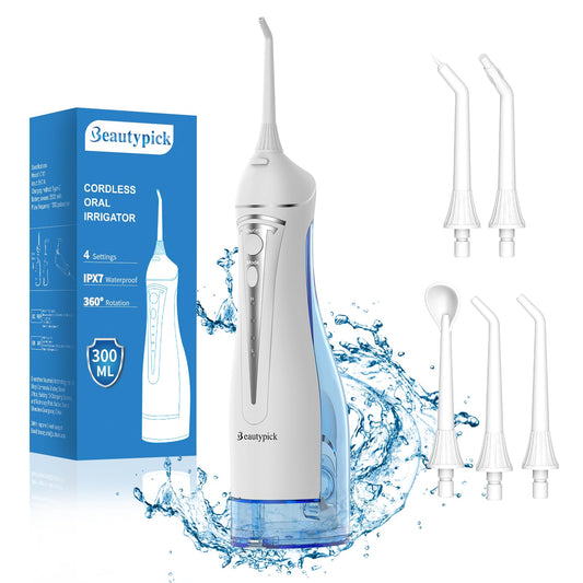 Water Dental Flosser Teeth Pick: Portable Cordless Oral Irrigator 300ML Rechargeable Travel Irrigation Cleaner Beautypick IPX7 Waterproof Electric Flossing Machine for Teeth Cleaning White
