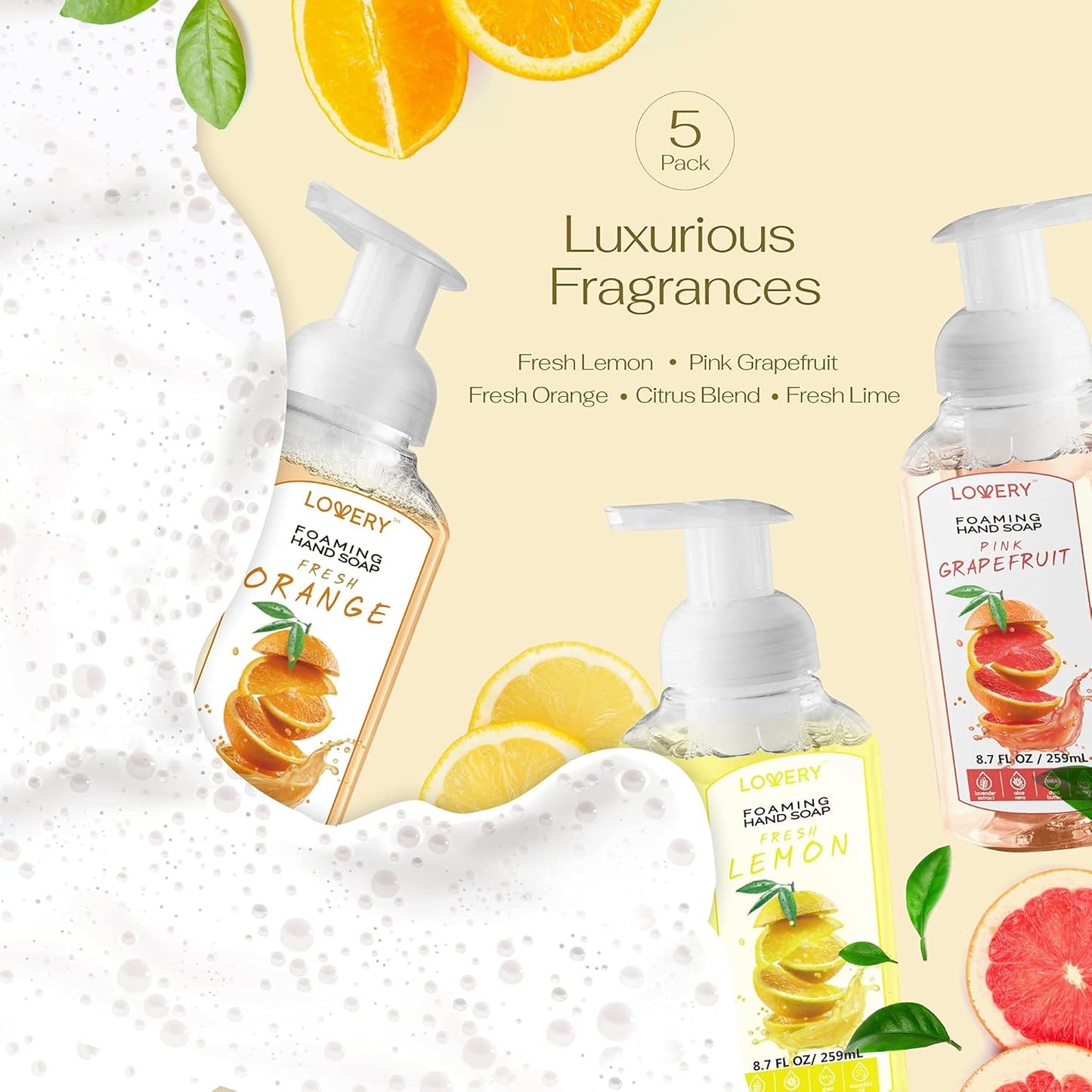 Moisturizing Foaming Hand Soap Pump - 5-Pack | Aloe Vera & Essential Oils, Citrus Blend Fragrances for Kitchen & Bathroom