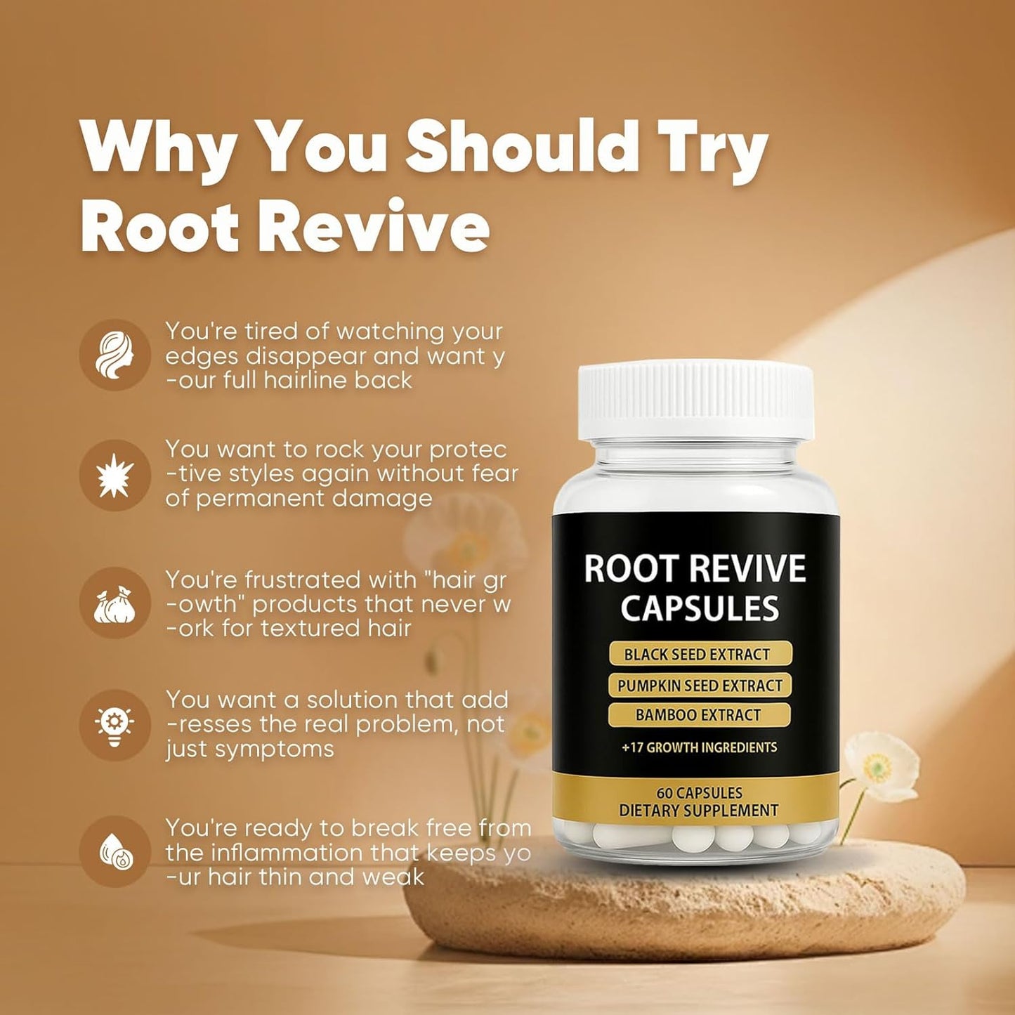 Hair Growth Capsules for Black Women - Root Revive with Black Seed Extract, Biotin & Saw Palmetto | 60 Ct