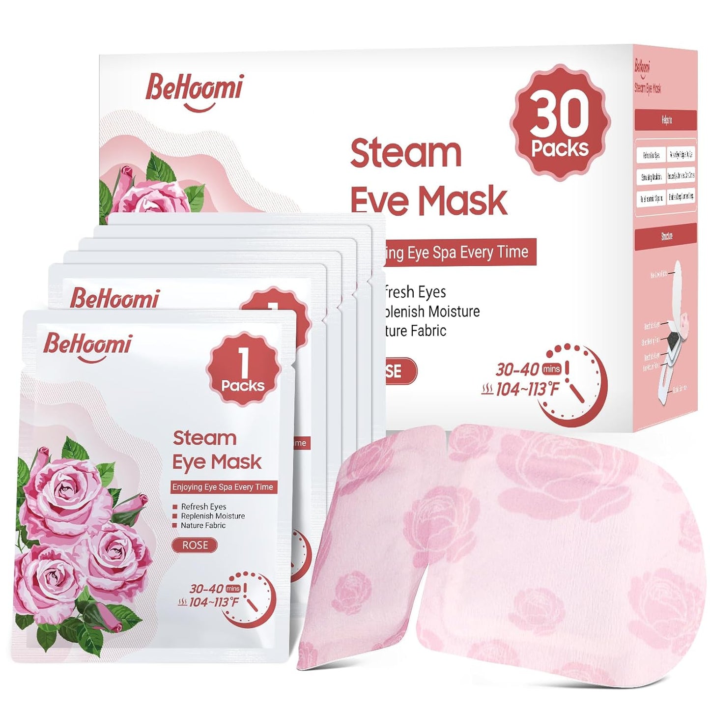 BeHoomi Heated Steam Eye Masks - 30 Packs of Disposable Warm Compresses for Relaxation | Unscented