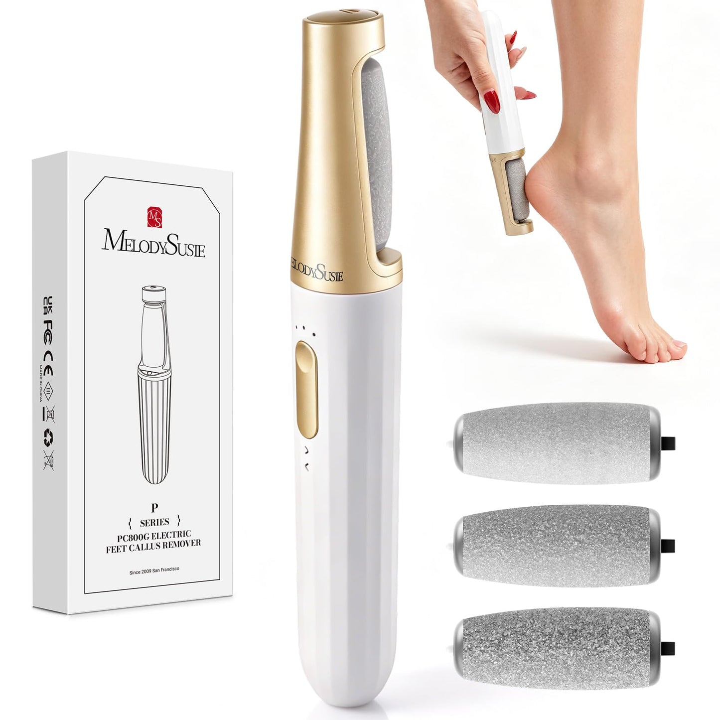 MelodySusie Electric Callus Remover for Feet, PC800G IPX7 Waterproof Rechargeable Pedicure Tool with LED Light & 3 Grits Roller Heads & Adjustable Speeds, for Dead Skin & Cracked Heel, White Gold