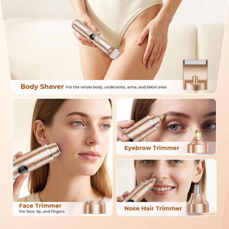 Bikini Trimmer for Women, 4 in 1 Electric Razors for Women - Dual Head, Wet & Dry Use Pubic Body Hair Trimmer Electric Shavers, Rechargeable Womens Facial Razors for Legs, Nose, Armpits, Bikini Area