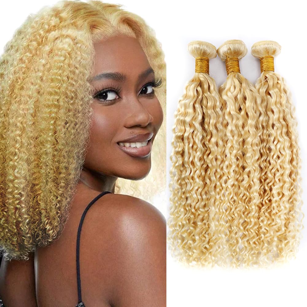 300g 613/27 Human Hair Bundles Blonde Curly Wave Bundles 12 14 16 inch 613 Human Hair Bundle Mixed Length 613 and 27 Color