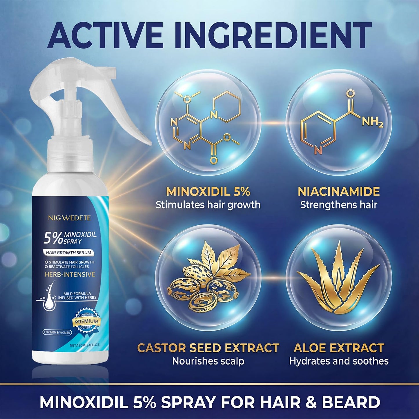 Nigwedete Minoxidil 5% for Men (120 ML), Advanced Minoxidil Spray with Provitamin B5 and Castor Seed Extract, Minoxidil Extract Serum for Hair Loss, Beard Restoration