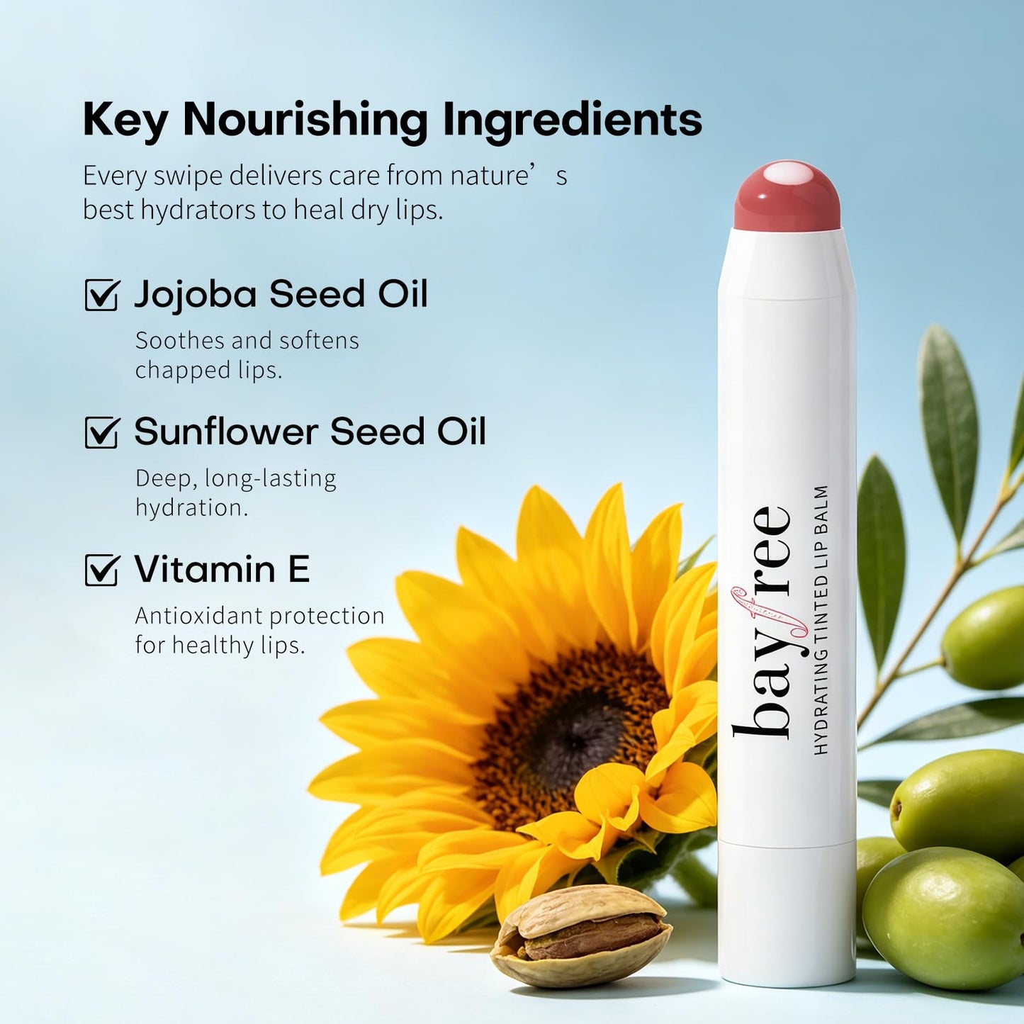 bayfree Plumping Tinted Lip Balm for Dry Lips, 5 PCS Long Lasting Hydrating Chapstick with Jojoba Seed Oil & Vitamin E, Buildable Color Lipbalm, Glossy Finish, Vegan for All Skin Tones, Garden