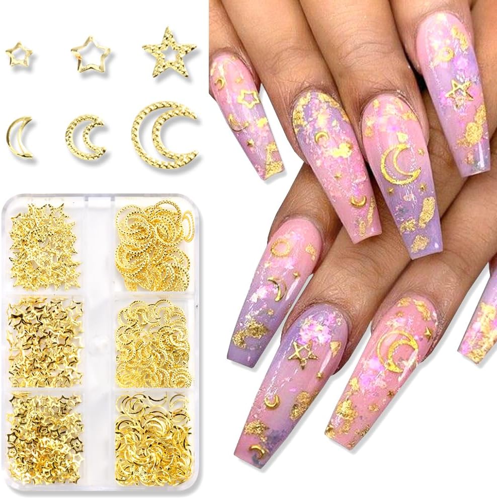 3D Star Nail Art Charms - Gold Metallic Studs & Rhinestones | Mixed Styles for DIY Manicure Supplies