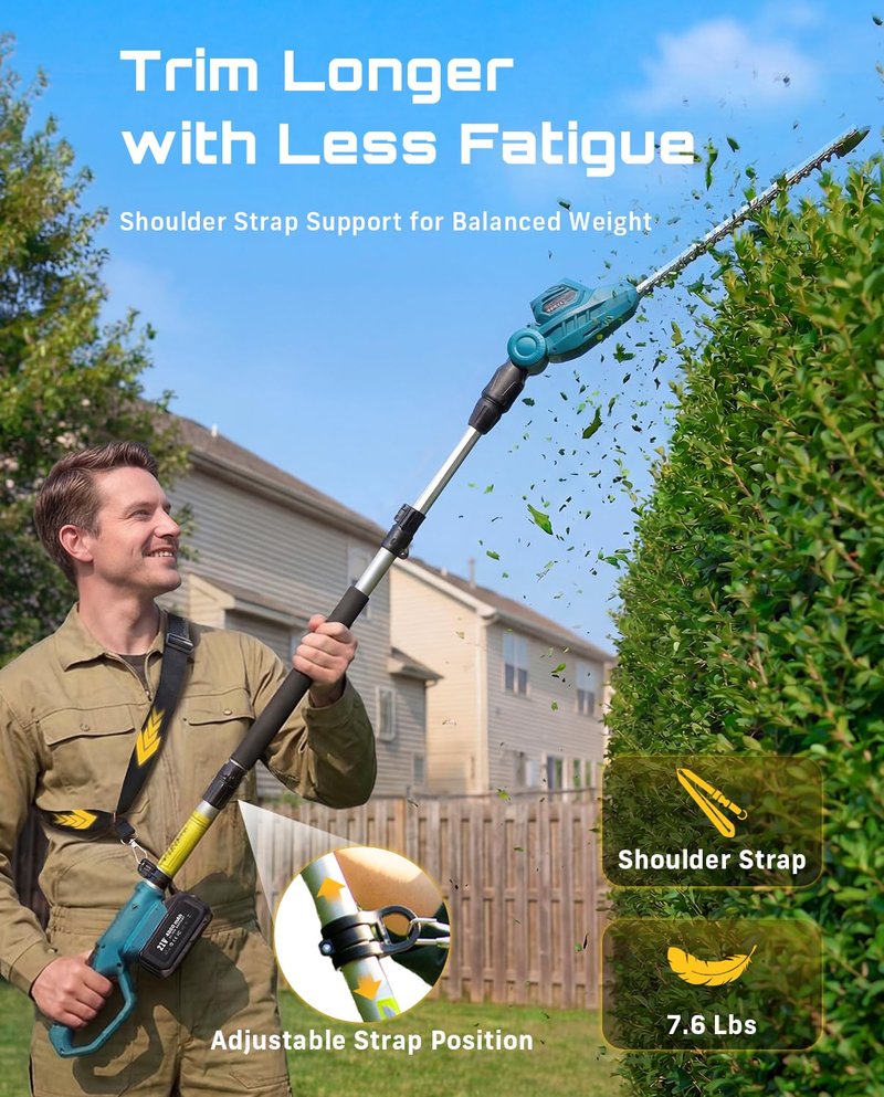 SEESII 20V Pole Hedge Trimmer Cordless, Electric Hedge Trimmer with Extension Pole, 8.5 FT Telescopic Pole with Shoulder Strap, 2 Packs 4.0Ah Batteries & Charger, Long Reach Bush Shrub Trimmer