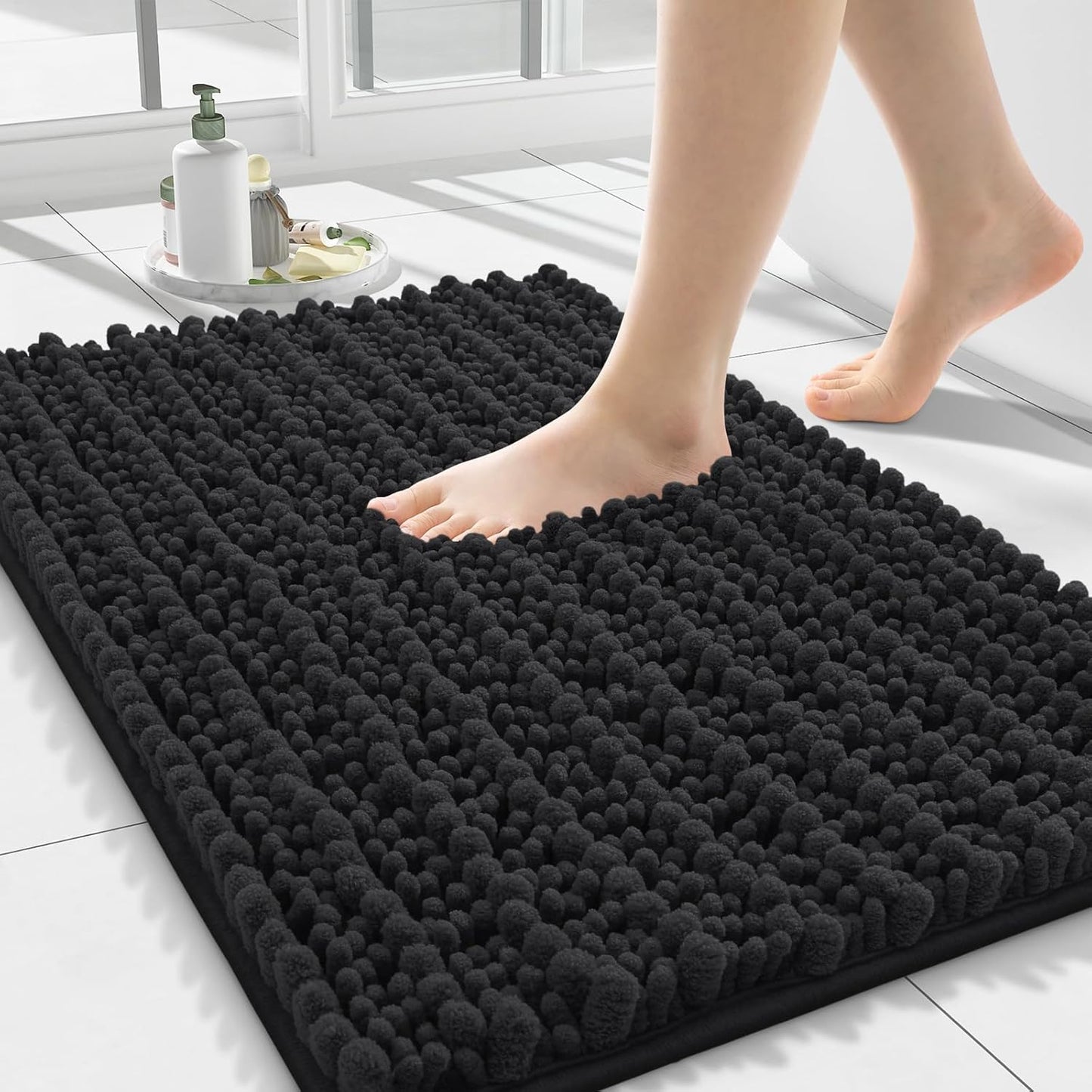 Extra Soft Chenille Bathroom Rugs - Non-Slip, Quick Dry | 24x16 Black Bath Mat