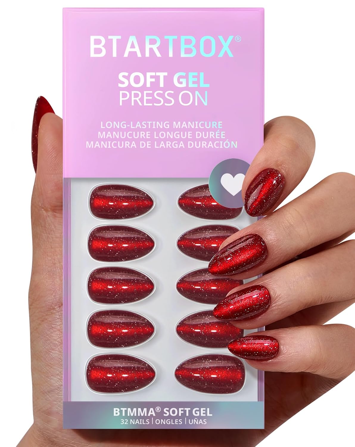 French Tip Press On Nails - Silver Bells | Lamp-Curable Short Almond Design, 16 Sizes, 32 Soft Gel Kit