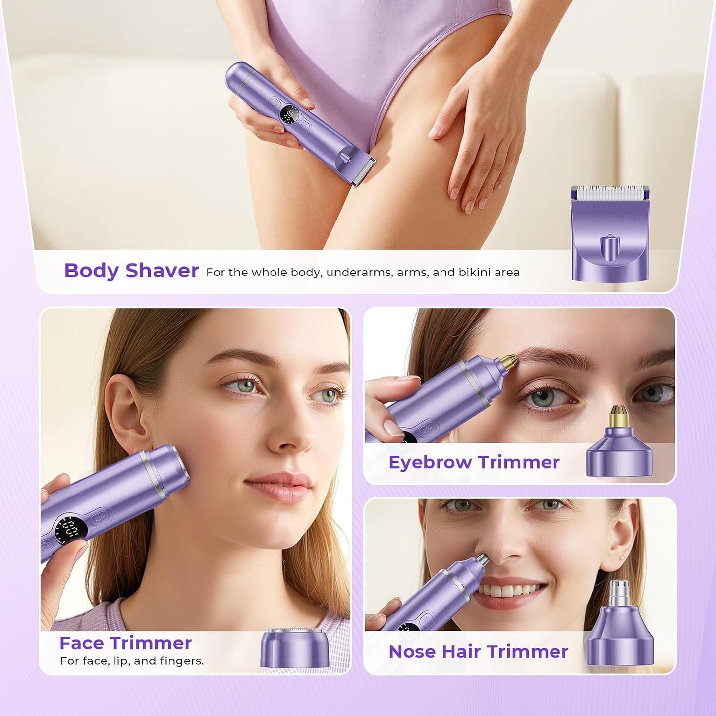 Bikini Trimmer for Women - 4-in-1 Electric Razor with Dual Heads | Wet & Dry Use, Rechargeable for Body, Face & Sensitive Areas