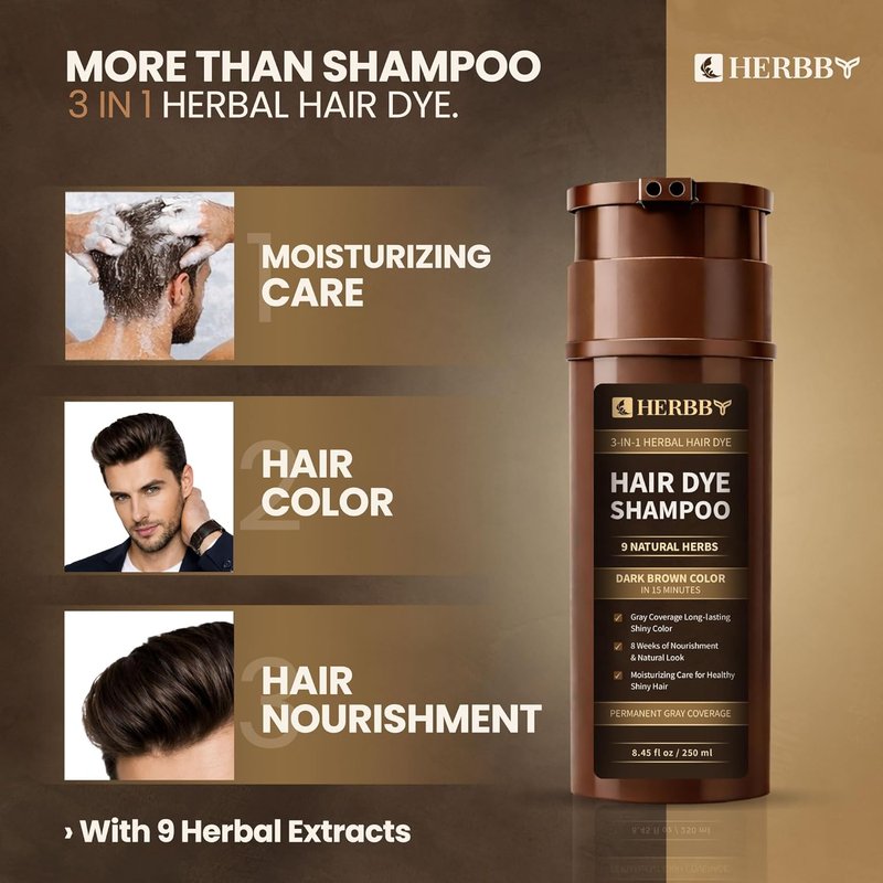 Hair Color Shampoo for Gray Coverage | 9 Herbal Extracts, Long-Lasting Dark Brown, 250ml
